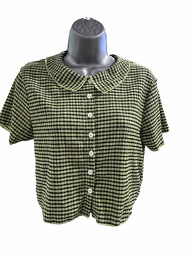 Women's Dazy Button Down Shirt Size L Green Black Striped Collared Top
